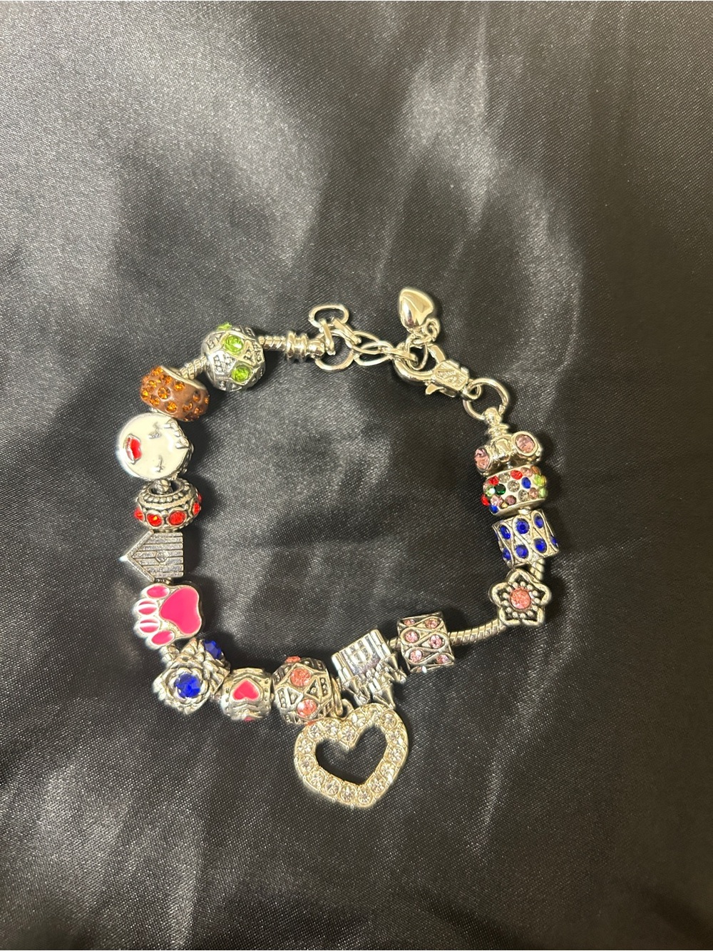 Silver Charm Bracelet with Heart Pendant and Multicolor Accents
